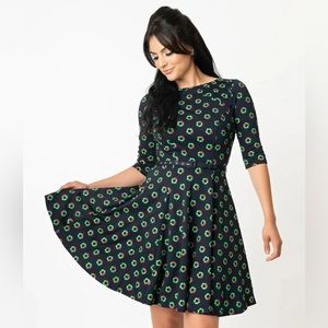 Unique vintage navy blue wreath fit & flare dress LARGE